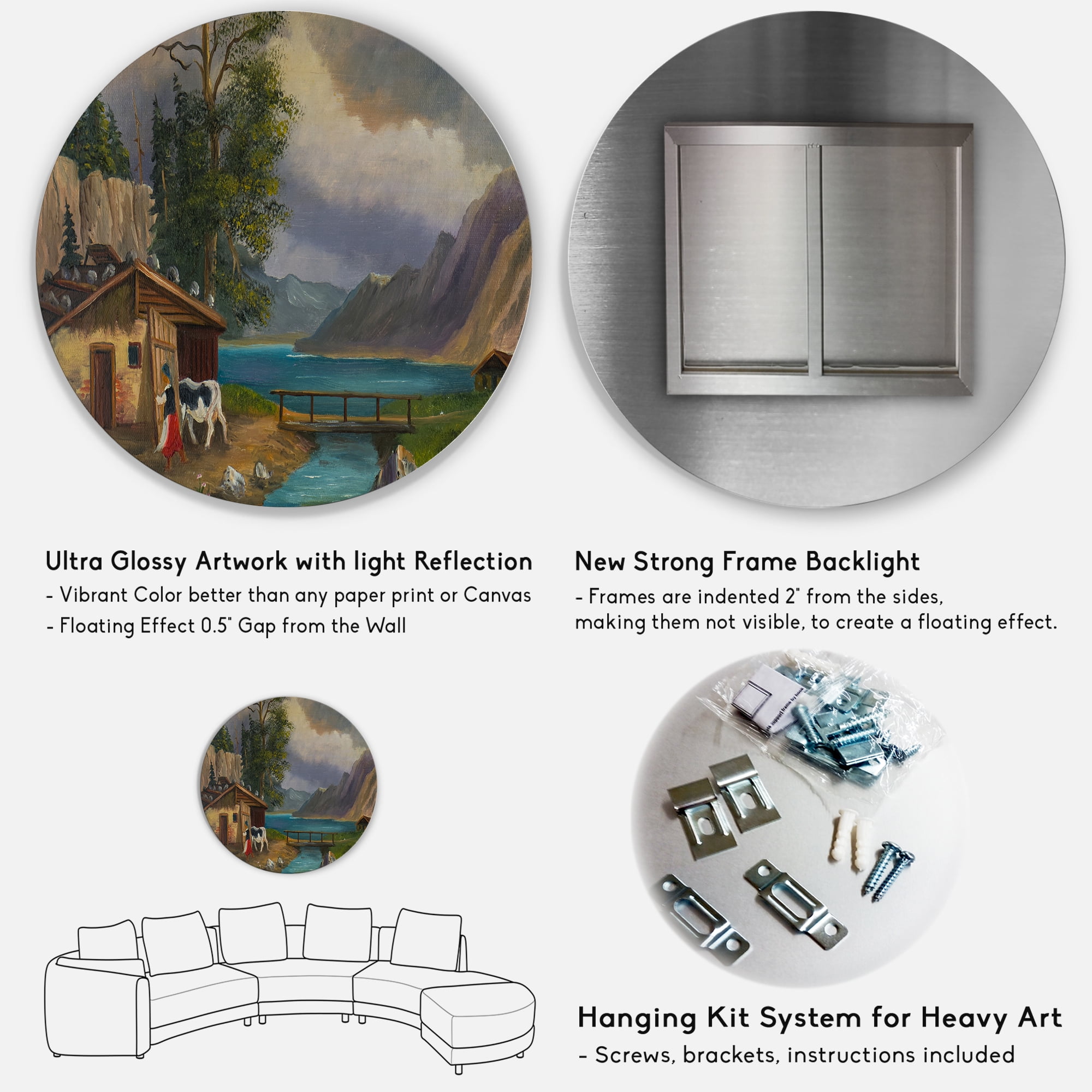 Designart 'Girl Brings The Cow Into The Stable At A Lake' Farmhouse Circle Metal Wall Art 29x29 - Disc of 29