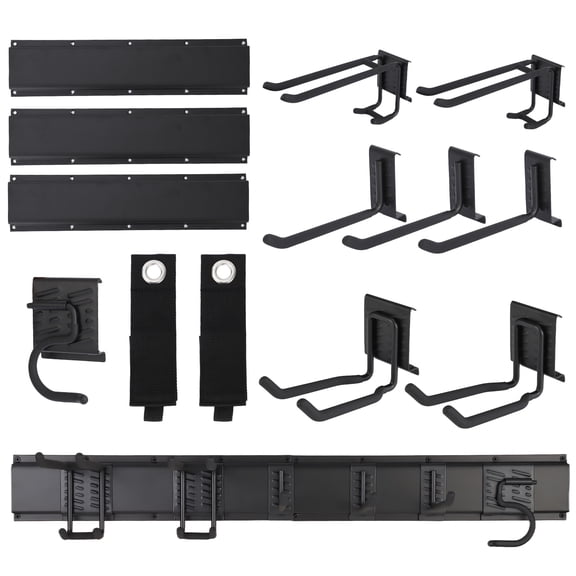 Studyset 13 Pcs Heavy-Duty Garden Tool Storage Organization, 48" Garage Tool Organizer Wall Mount with 8 Adjustable Hooks & 2 Straps for Garage Basement Yard Shed Black