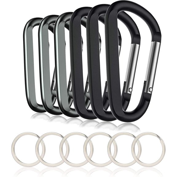 MEC 6PCS Black Carabiner Caribeaner Clip,3" Large Aluminum D Ring Shape Carabeaner with 6PCS Keyring Keychain Hook…