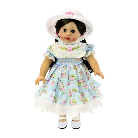 Blue Floral Dress with Hat Made to fit 18 inch Dolls | American Fashion World