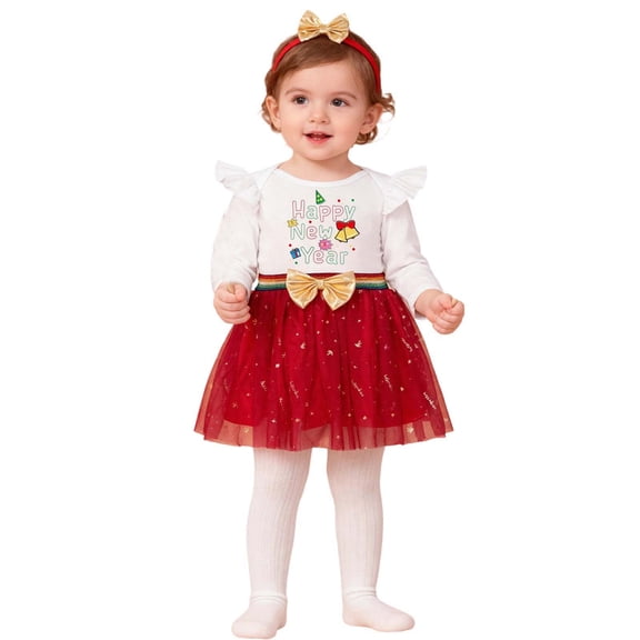 FINALGANG Girls Toddler Three Piece New Year Dress Set Letter Prints Ruffle Long Sleeve Crewneck Top Tulle Skirt Matching Bow Headband For Holiday Celebration Wear Cute Set