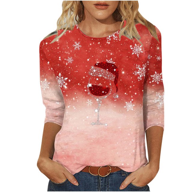 Besolor Chemises de Noël 3/4 pour Femmes Tunique Imprimée Col Rond Hauts Décontractés Grande Taille Blouse de Vacances pour Dames