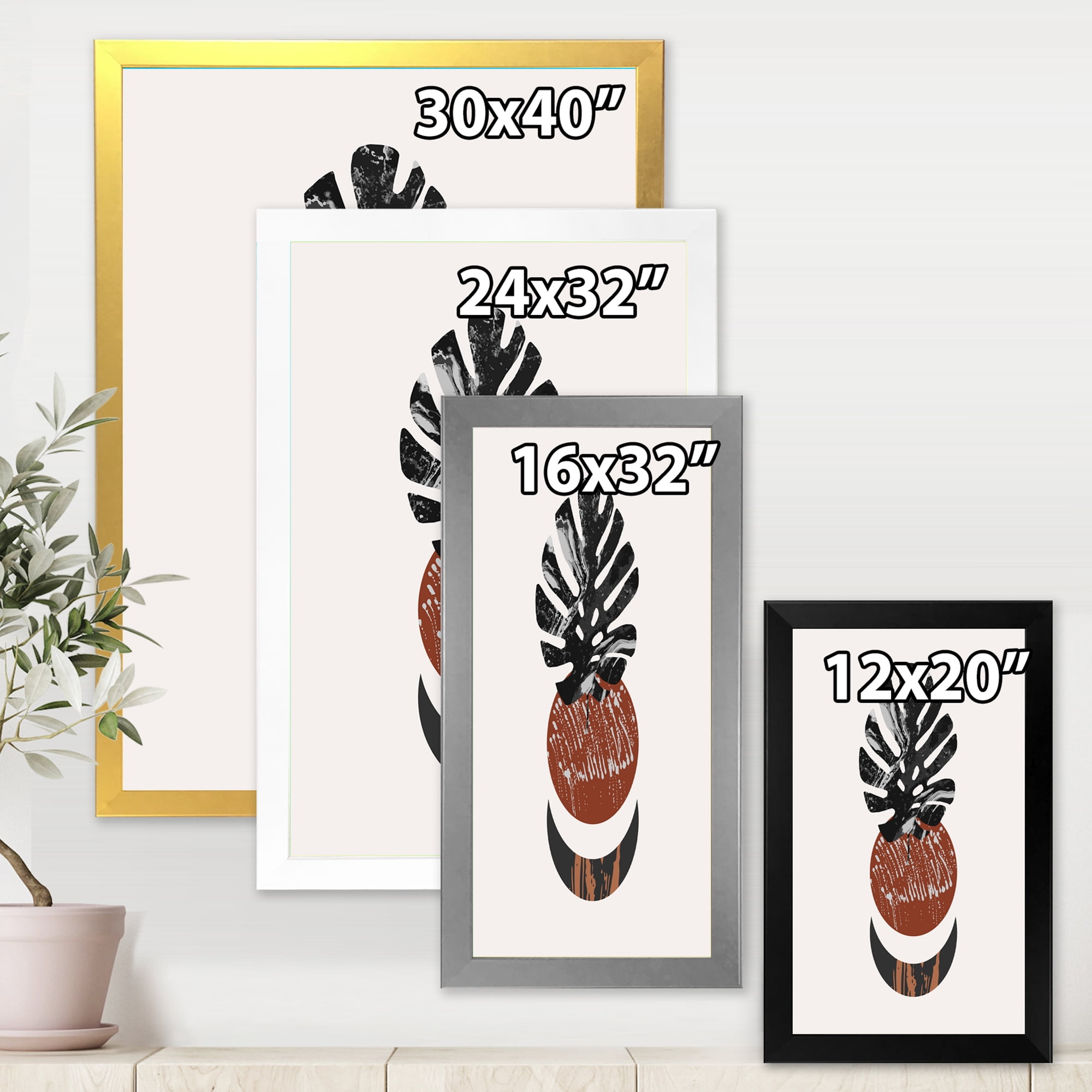 Designart 'Abstact Tropical Palm Leaf, Minimal Sun And Moon II' Modern Framed Art Print