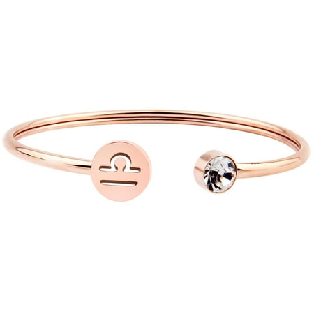 Simple Rose Gold Zodiac Sign Cuff Bracelet with Birthstone Birthday Gift for Women Girls(Libra)