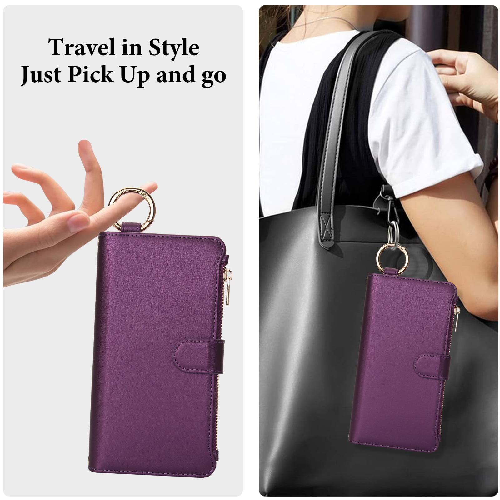 ELEHOLD For iPhone 13 Phone Case Leather Crossbody Zipper Card Wallet Flip Case Kickstand Cover, with Ring Holder,Full Body Protection-Deeppurple