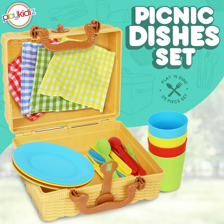Playkidiz Kids Picnic Basket Toy Dishes, 25 Piece Plastic Tea