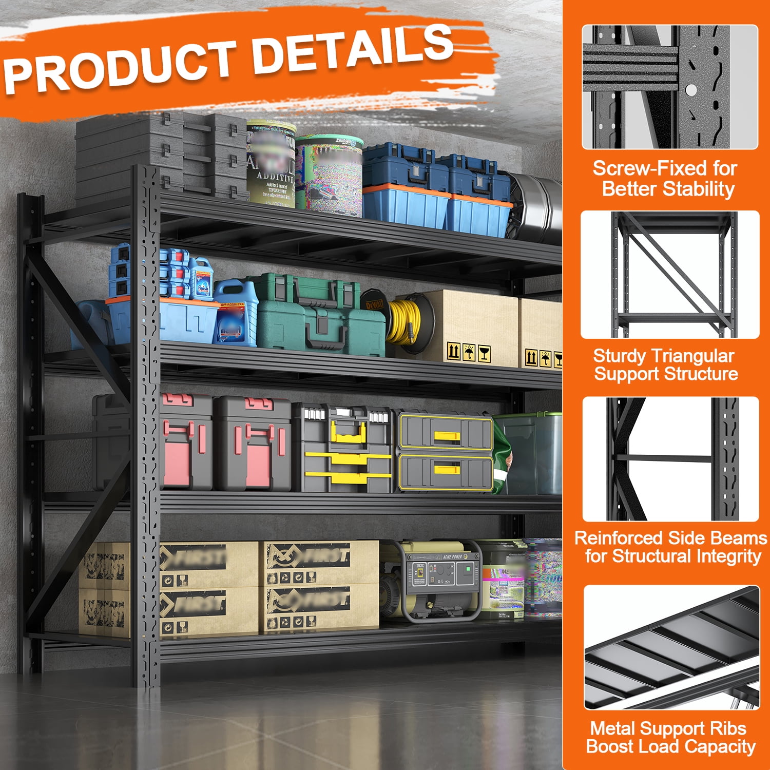 Heavy Duty Garage Shelving Unit, 4-Tier Steel Adjustable Metal Storage Shelves, 70.1 in H x 71 in W x 24 in D, 6000 lbs Industrial Rack for Garage, Basement, Warehouse, Workshop
