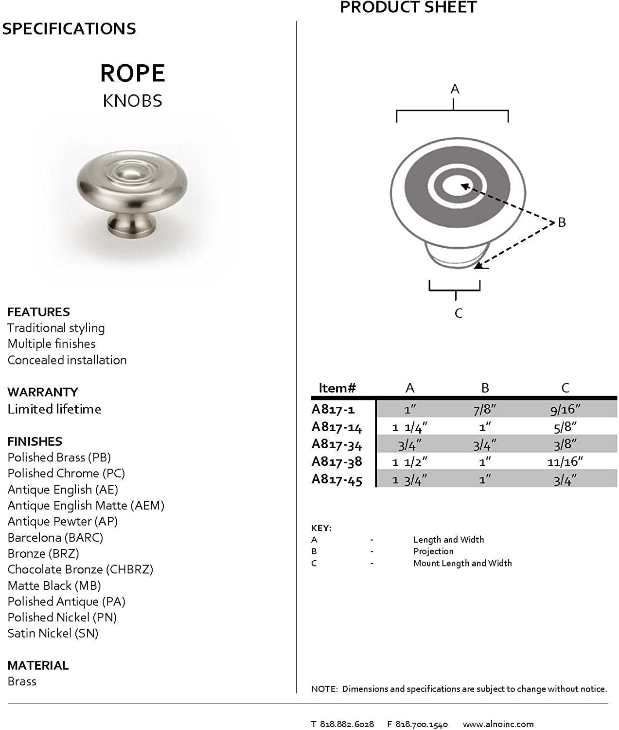 Alno A817-38-CHBRZ Cabinet Knob Chocolate Bronze