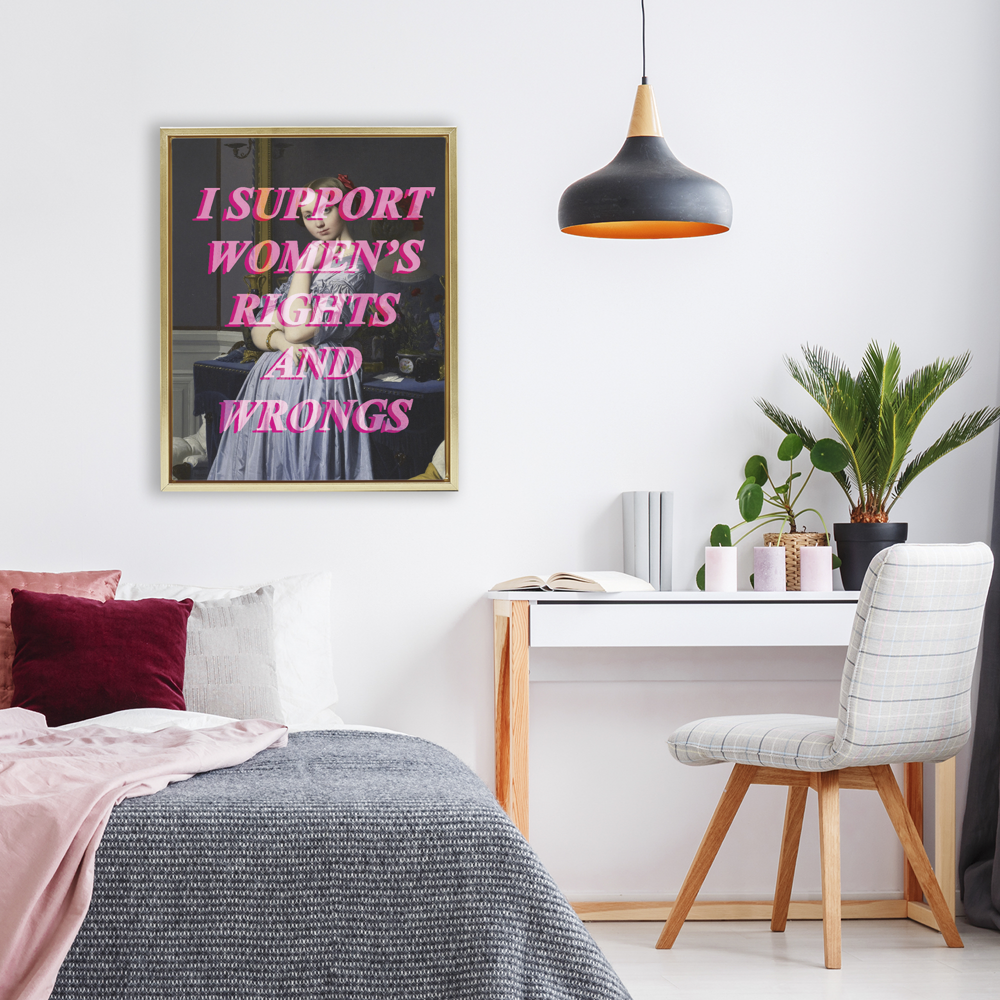 I Support Women's Rights & Wrongs Gold Framed Floater Canvas Wall Art, design by Lil' Rue