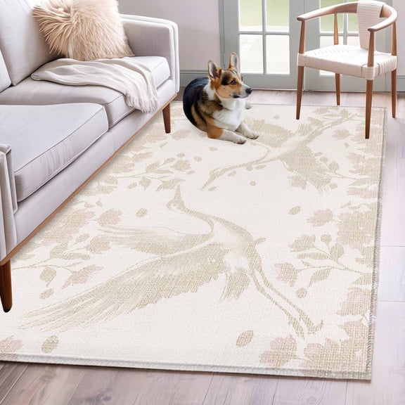 Beige Crane Silhouette Area Rugs 2.7'x5', Washable Small Throw Rugs for Kitchen Bedroom, Modern Abstract Flowers Botanical Indoor Outdoor Rug Non-Slip Low Pile Carpet Runner Reversible Floor Mats