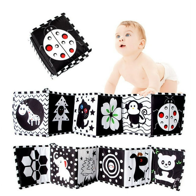 Juguetes de libros de tela para bebés, tarjetas de bebé en blanco y negro, libro de tela de actividades educativas plegable adecuado para niños y niñas pequeños