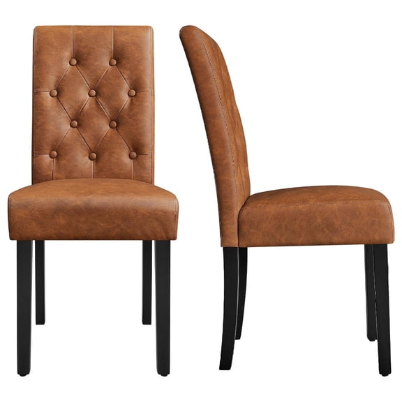 Dining Chairs Set of 2, Button Tufted Kitchen Chairs Brown, Low Profile, Water Resistant PU Leather, Solid Wood Frame