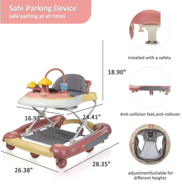 Developmental Walkers For Babies, Foldable Baby Walker, Adjustable Height With Interactive Toys, Pink