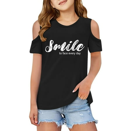 Ulitacool T Shirts For Girls Crewneck Blouse Short Sleeve Solid Color Letter Printed Charm Kid Spring Clothing Black 5-6 Years