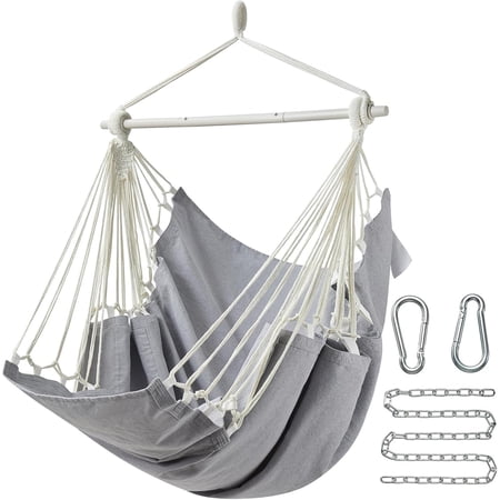 Hammock Chair Swing MAX 500 lbs Outdoor Chair with Footrest Indoor Swing Chair with Portable Steel Spreader Bar and Hardware Kit for Bedroom Living Room Patio Porch - Grey