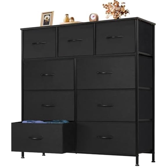9 Drawer Storage Dresser with Wood Top - Wide Fabric Chest Organizer for Bedroom, Closet, Living Room,Tower Cabinet, TV Stand, Hallway Entryway Furniture,Carbon Black