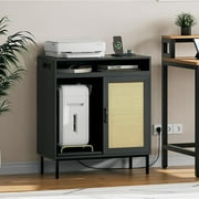 MIDOQIN Printer Stand with Storage, Adjustable Printer Table with Charging Station, Modern Rattan File Cabinet with Paper Shredder Stand for Home Office