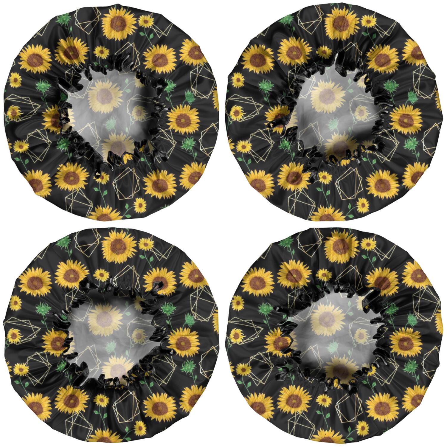 Shower Caps,Black Geometric Sunflower Pattern Waterproof Shower Cap for Women 4 Pieces,Double Reusable Hair Cover for Shower PEVA Elastic Stretch Hem