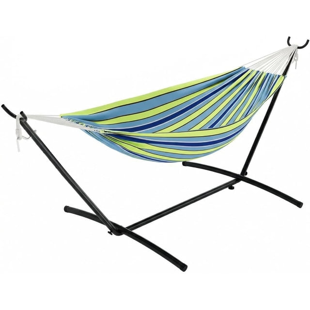 IdealHouse Hamac Double avec Support, Conception en Corde de Coton pour 2 Personnes, Capacité de 450 Lb, Comprend un Coussin Matelassé Réversible et un Oreiller, Barres d'Écartement en Bois Franc pour Cour Arrière, Patio, Extérieur