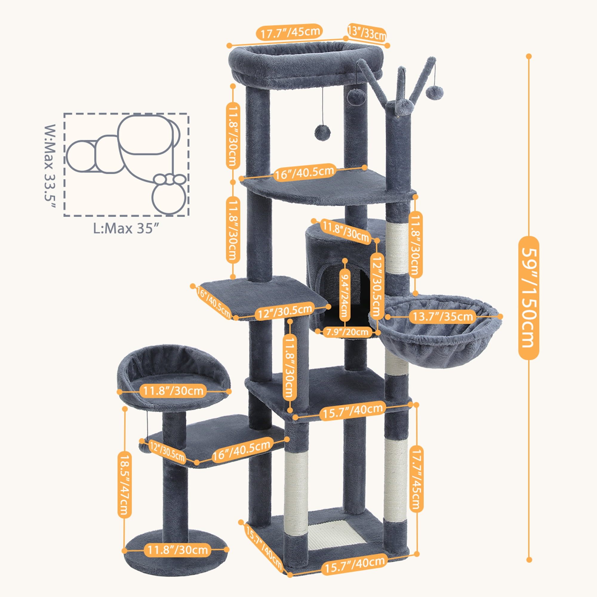 Pefilos 59" Multi-Level Cat Tree House with Large Hammock, Scratching Post, 2 Perches, Cat Tower with 3 Removable Pompom Sticks, Cat Condo, Dark Gray Pefilos 59" Multi-Level Cat Tree House with Large Hammock, Scratching Post, 2 Perches, Cat Tower with 3 Removable Pompom Sticks, Cat Condo, Dark Gray