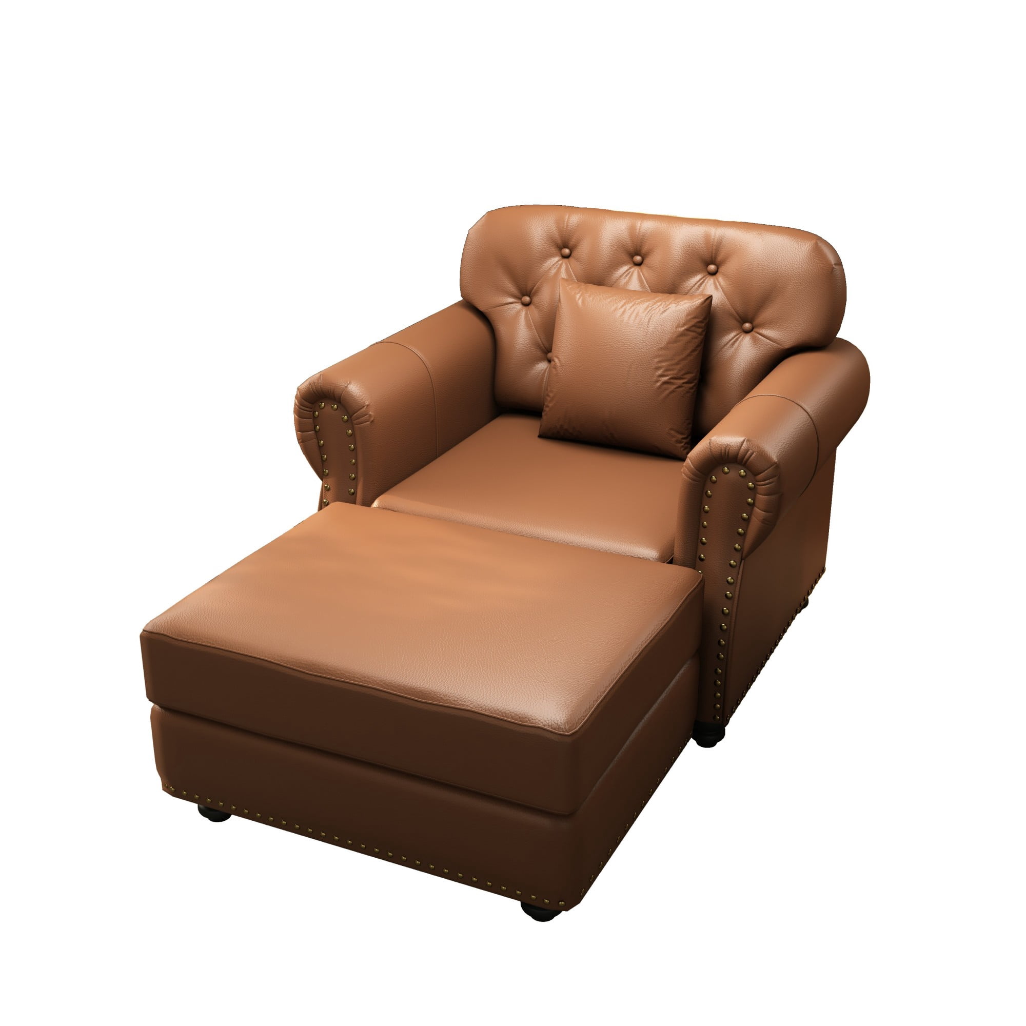 AENKYO 41.3" Faux Leather Chesterfield Chair and Ottoman Set, Mid-Century Tufted Accent Armchair with Pillow, Brown