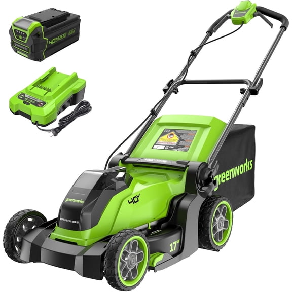 Greenworks 40V 17" Cordless Lawn Mower – Brushless Motor, 4.0Ah Battery & Charger (75 Compatible Tools), 2-in-1 Mulch/Bag