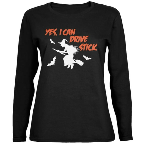 Halloween Witch I Can Drive Stick Black Womens Long Sleeve T-Shirt - Large
