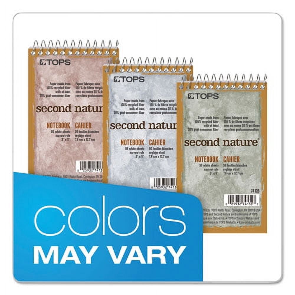 "Second Nature Wirebound Notepads, Narrow Rule, Randomly Assorted Cover Colors, 50 White 3 X 5 Sheets | Bundle of 5 Each"