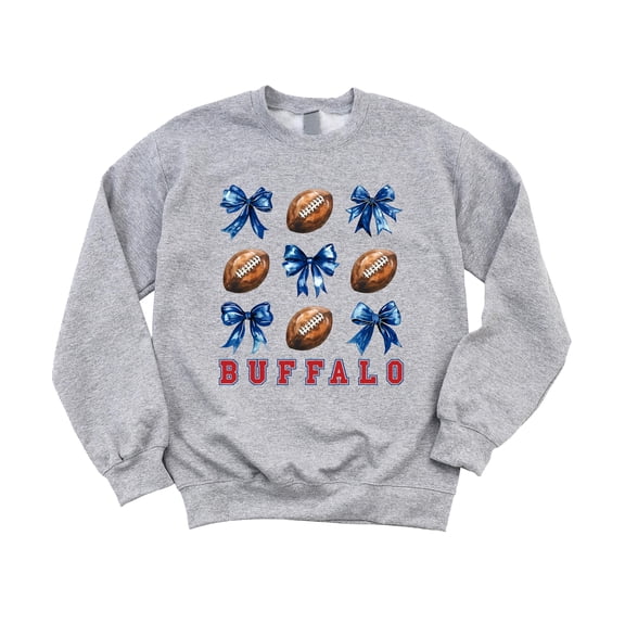Bold Red Buffalo Football Sweatshirt for Women Teens and Girls Footballs and Blue Bows Sweater Gray Sweatshirt Youth Large