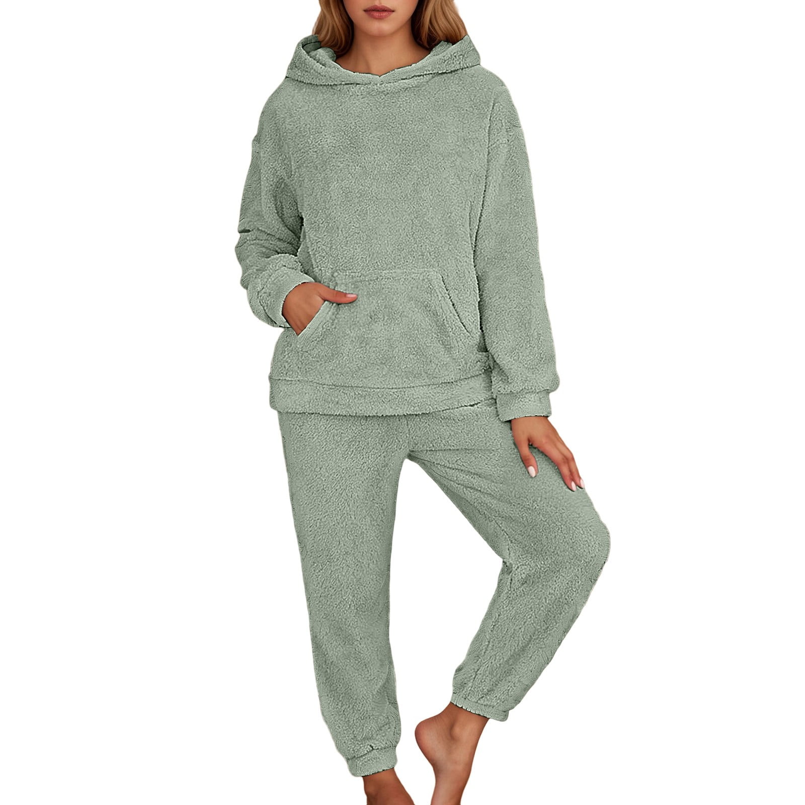 Yuanlong Womens Pajamas Sets Winter Fluffy Sleepwear For Long Sleeve Hooded Top & Pant Lounge Sets Holiday Homewear Thermal Pajama