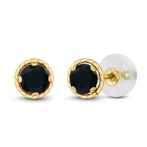Gem Stone King 0.44 Ct Round 4mm Black Onyx Solid 14K Yellow Gold Stud Earrings for Women Men