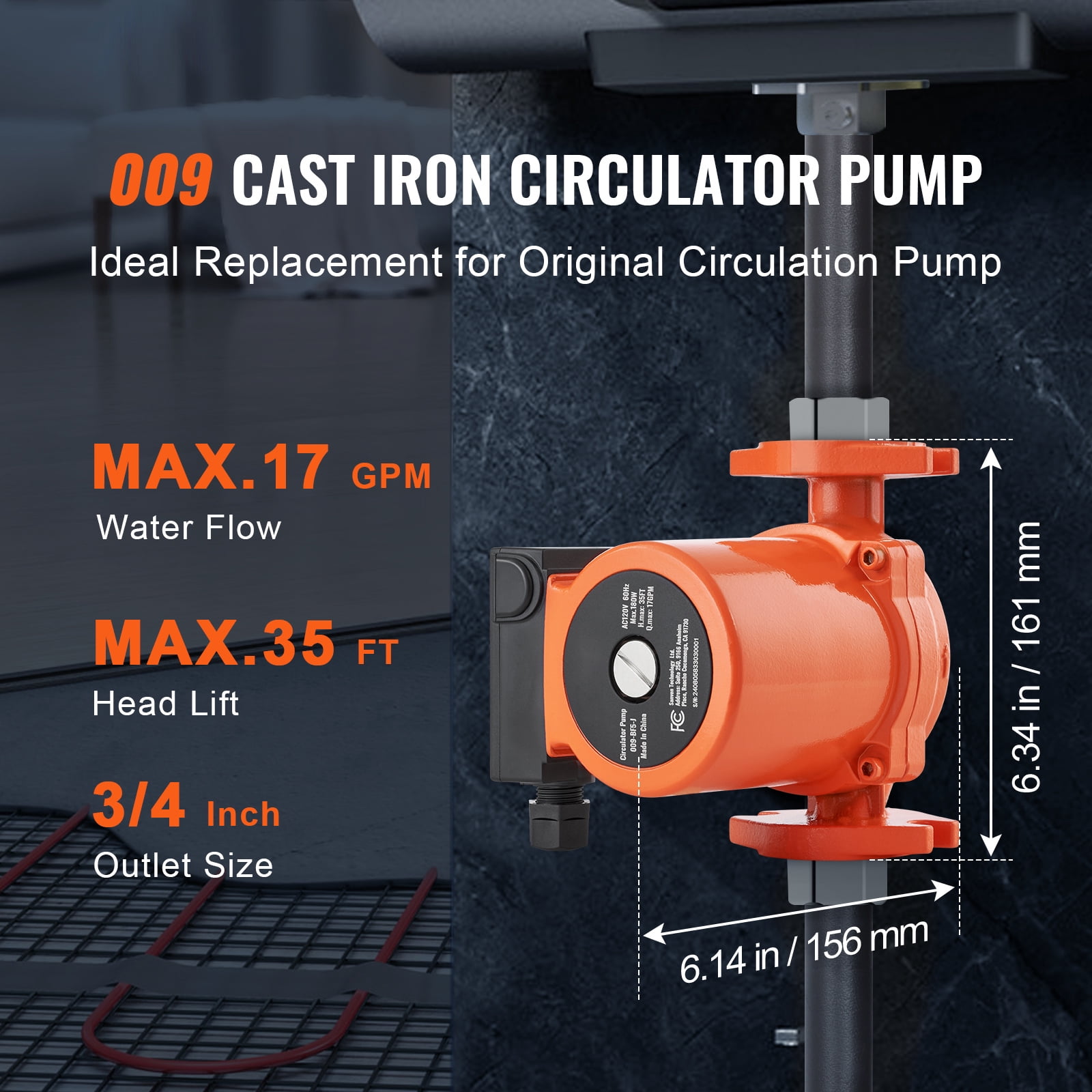 KFFKFF 009-BF5-J Water Circulation Pump, 110V, 180W, 17 GPM, 3/4" NPT Flange, 3-Speed, Quiet Home Heater System Pump