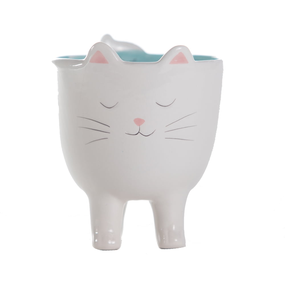 SparkDazzle 11.75” x 14.75” Standing Cat White Ceramic Animal Print Plant Planter