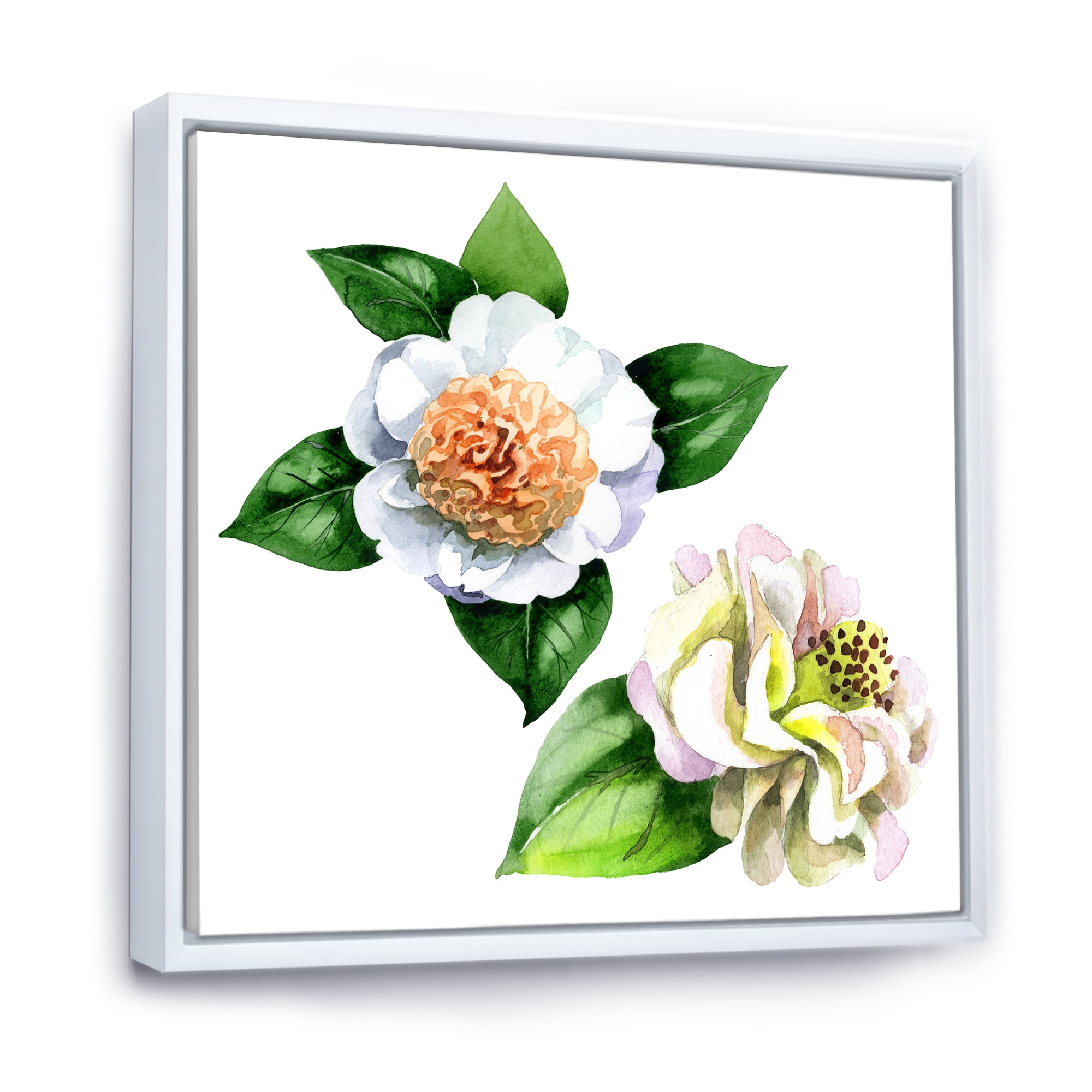 Designart 'Ancient White Camellia Flowers With Green Leaves' Traditional Framed Canvas Wall Art Print