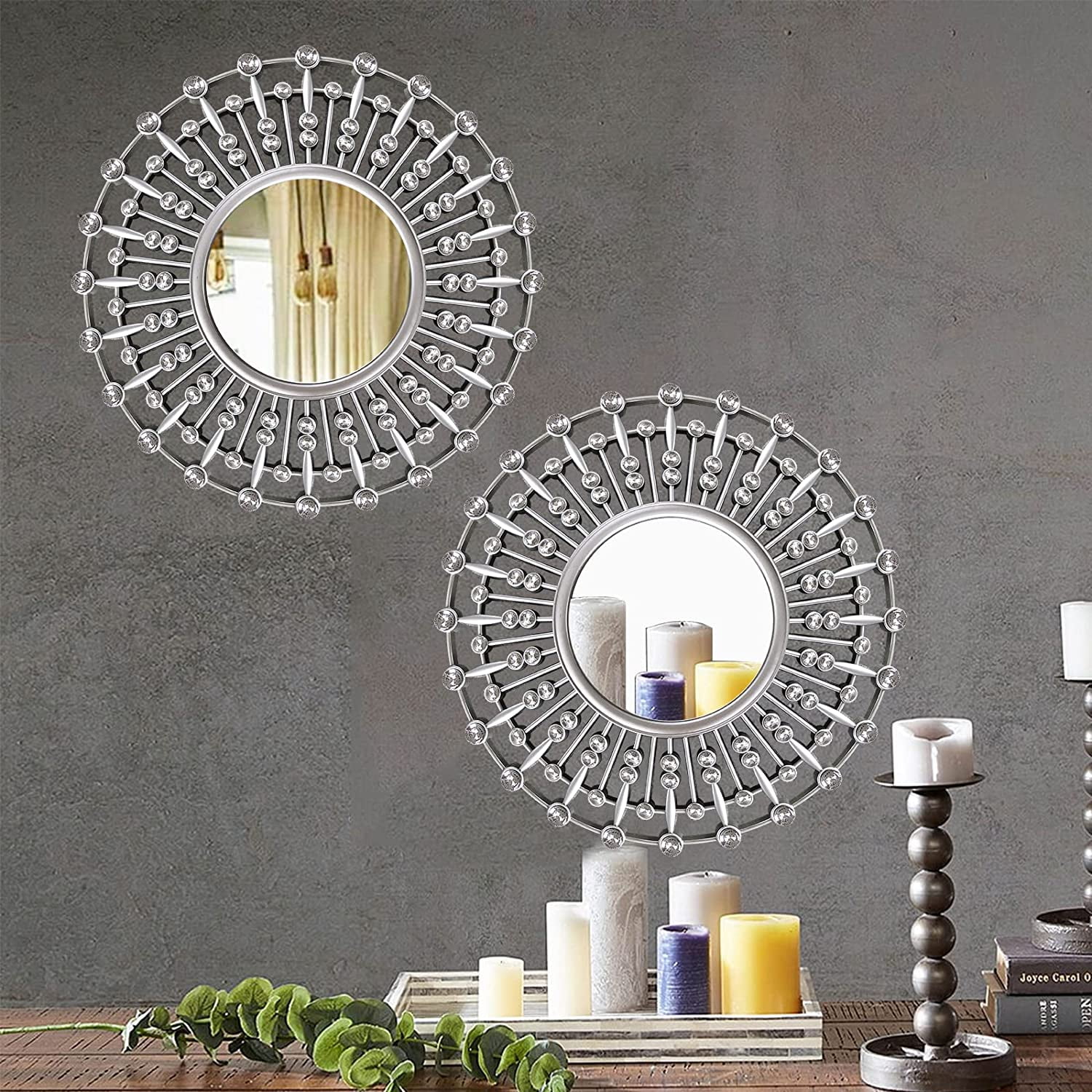 17.7 Jeweled Ornate Wall Mirrors Set of 2 Silver Crystal Round Mirrors for Wall Decorative Accent Mirror Home Dcor Crushed Diamond Gemstone Mirror