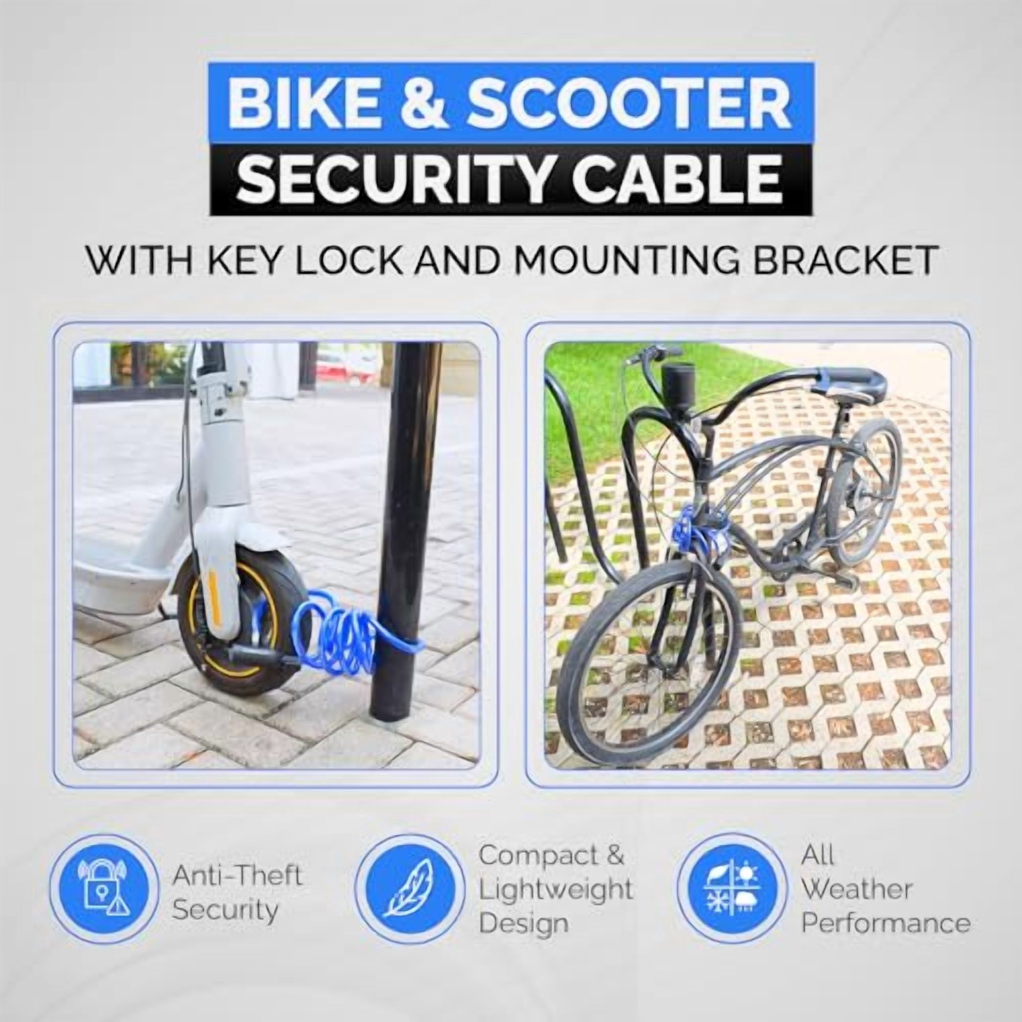 Bike Cable Lock Set, Coiled Security Cable with Key Lock and Mounting Bracket, Compact Anti-Theft Protection for Bikes, Bicycles, Scooters and More 4ft