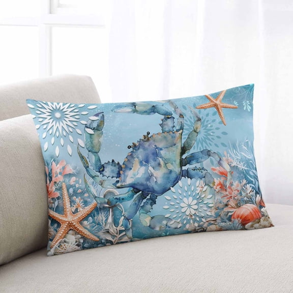 Blue Coastal Crab King Size Pillow Cover, Pillowcase Protectors with Zipper, Breathable Decorative Throw Pillow Case Cover, Summer Beach Starfish Botanical Pillow Shams for Couch Sofa 20x36Inch