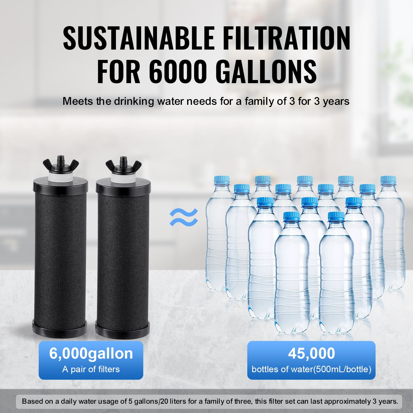 KFFKFF Water Purification System, Gravity-Driven, 2.25G 304 Stainless-Steel Tabletop Water Cleaner, Diminishes Lead and nearly 99% of Chlorine, Includes 2 Carbon Filters/Spigot/Stand,for Camping