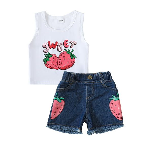 3T Baby Girls Clothes 4T Girls 2PCS Summer Outfits Set Letter Strawberry Print Toddler Girls Sleeveless Top Denim Shorts Set White