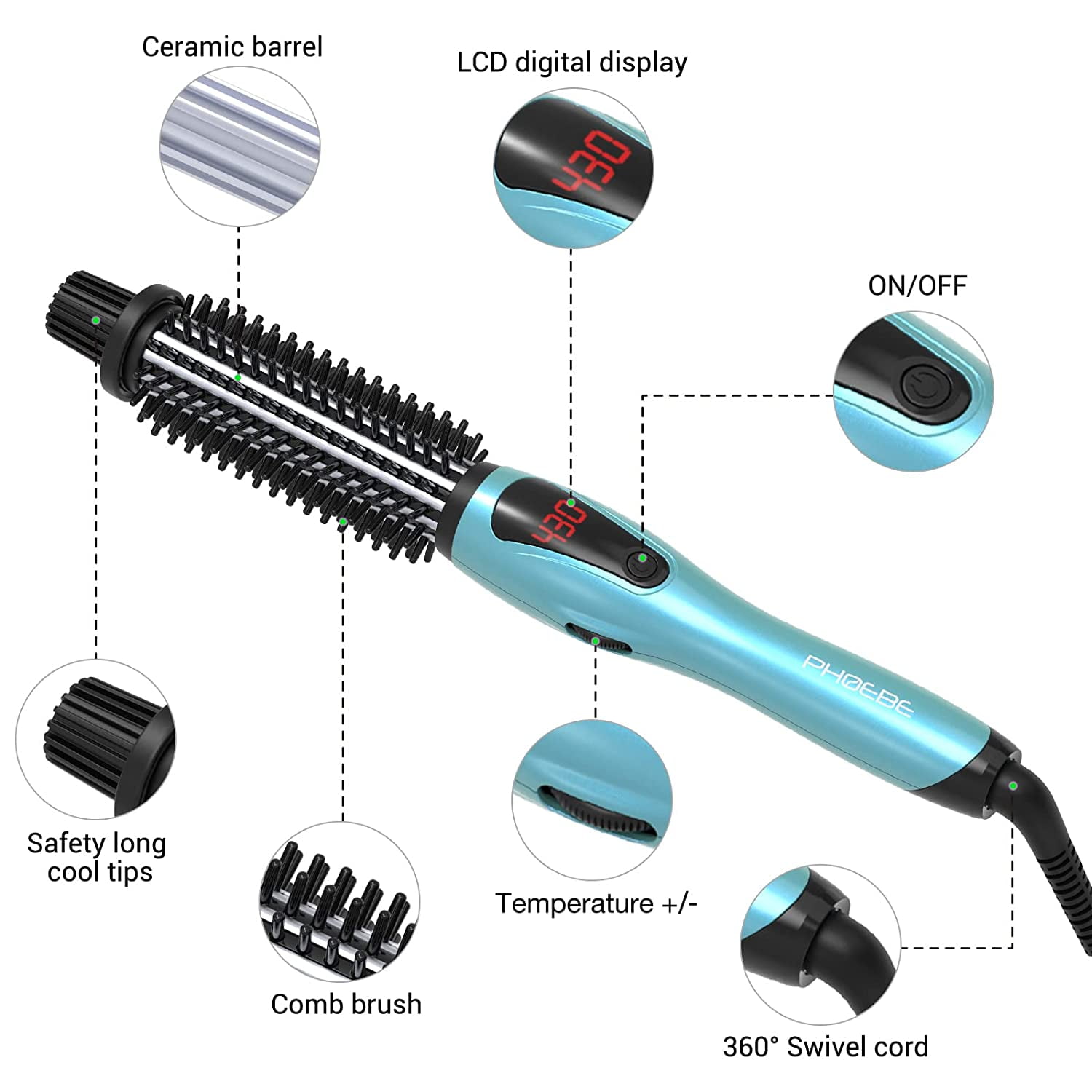 Sea-Maid Curling Iron 1 inch Thermal Brush with LCD Display & Adjustable Temperature Hair Comb for Curls or Waves,Blue