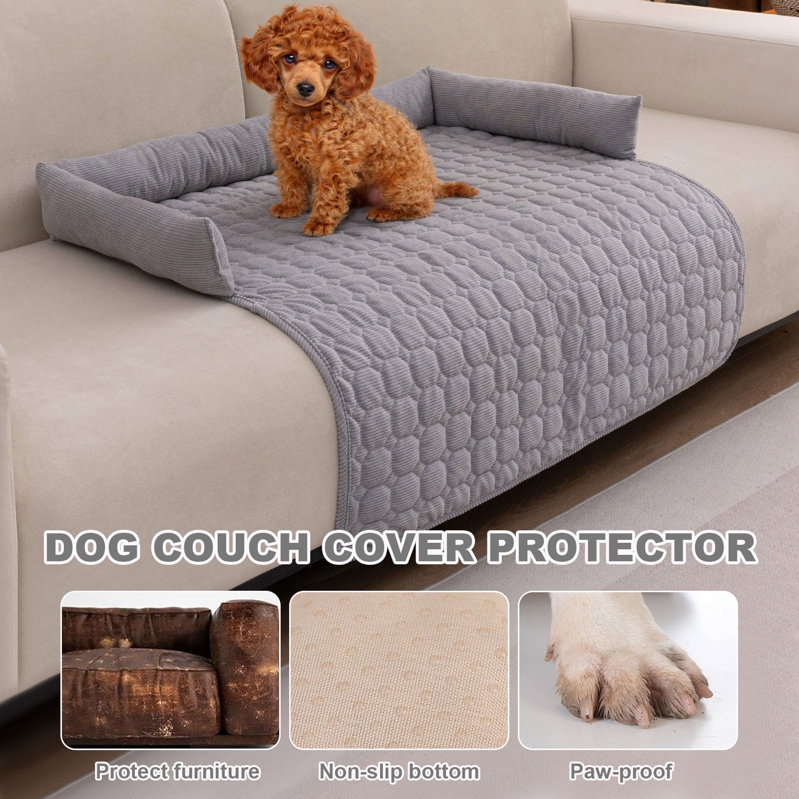 Eurhowing Dog Couch Cover 36"x36", Corduroy Dog Bed Mat for Couch with 3 Side Dog Pillow, Washable Sofa Cover Pet Furniture Protector for Dogs&Cats, Light Gray