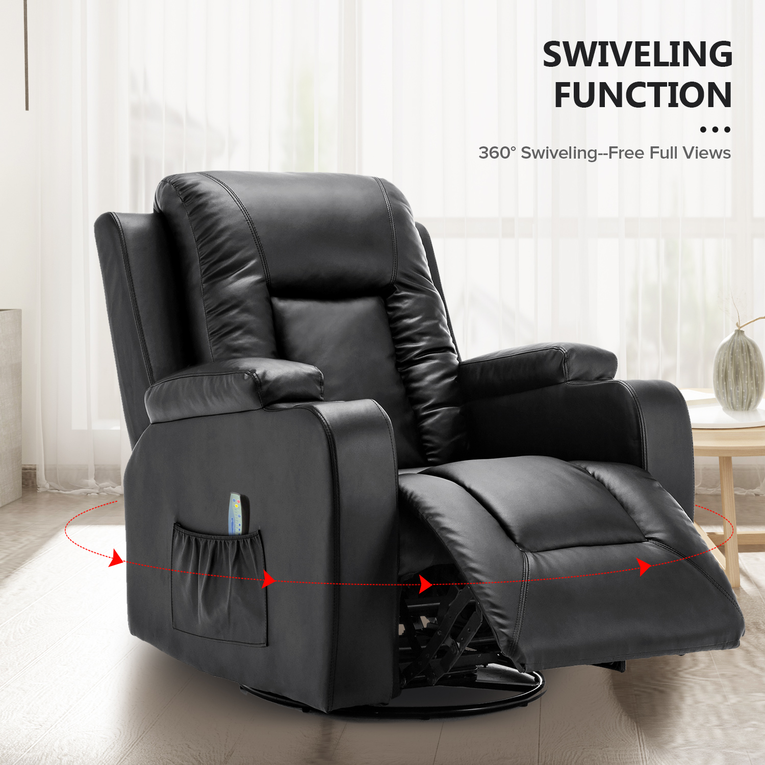 COMHOMA Swivel Rocker Recliner Chair PU Leather Rocking Sofa with Heated Massage, Black - image 4 of 8