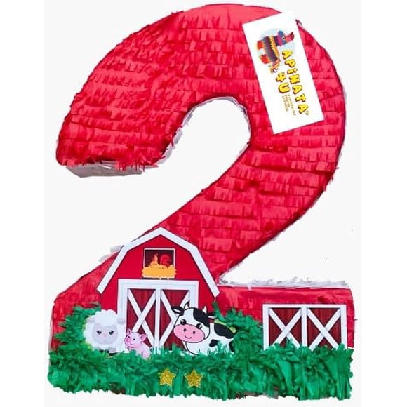 20" Tall Number Two Pinata Second Birthday Party Farm Animals Barnyard Farmhouse Red Color Cow Pig Lamb Rooster