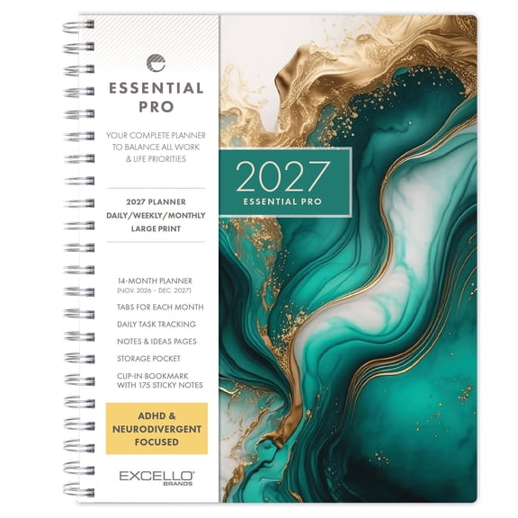 Excello Essential Pro 2027 Weekly & Monthly Planner, 8.5" x 11", 14-Month Calendar Nov 2026-Dec 2027, Monthly Tabs, Notes Pages, Storage Pocket, Bookmark & Sticky Notes, Teal Gold Marble