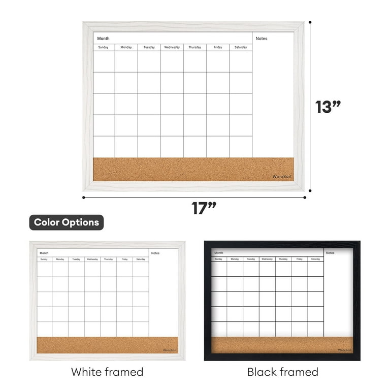 4-in-1 Dry Erase Calendar Board – Magnetic Monthly & Weekly Planner With Cork Board, Black Wood Frame