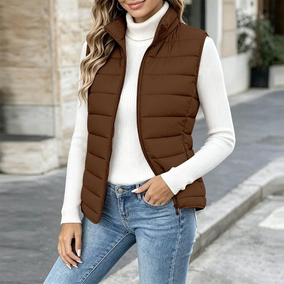 Women's Puffer Vest Lightweight Quilted Sleeveless Jacket Zip Up Stand Collar Winter Outwears (Brown S)