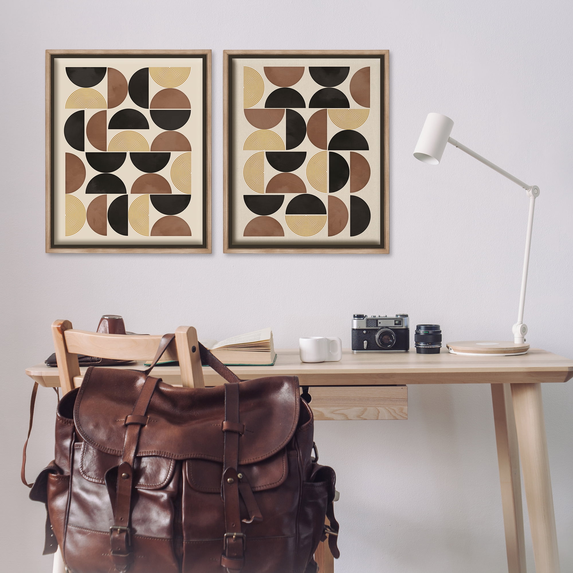 Stupell Industries Midcentury Geometric Semicircles Abstract Painting Brown Floater Framed Canvas Art Print Wall Art, 31 x 25, Set of 2