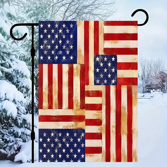 RKSupls Patriotic Linen Double Sided Garden Flag, Independence Day Themed Yard Decor, Patchwork Flags Gold Panels Rustic Outdoor Banner for Holiday Lawn