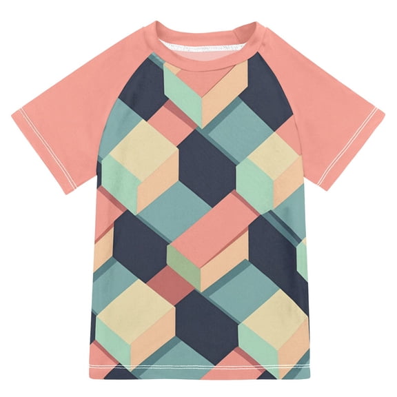 FORMRS Boys Rash Guard with Short Sleeves UPF 50  Swim Shirts Sizes 3-12T, Pink Cubes