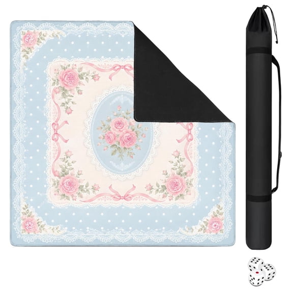 Mahjong Mat with Carrying Bag 31.5" x 31.5" Non-Slip Noise Reduction Powder Blue Rose Lace Vintage Table Mat for Mahjong Poker Dominoes Card Board Tile Games